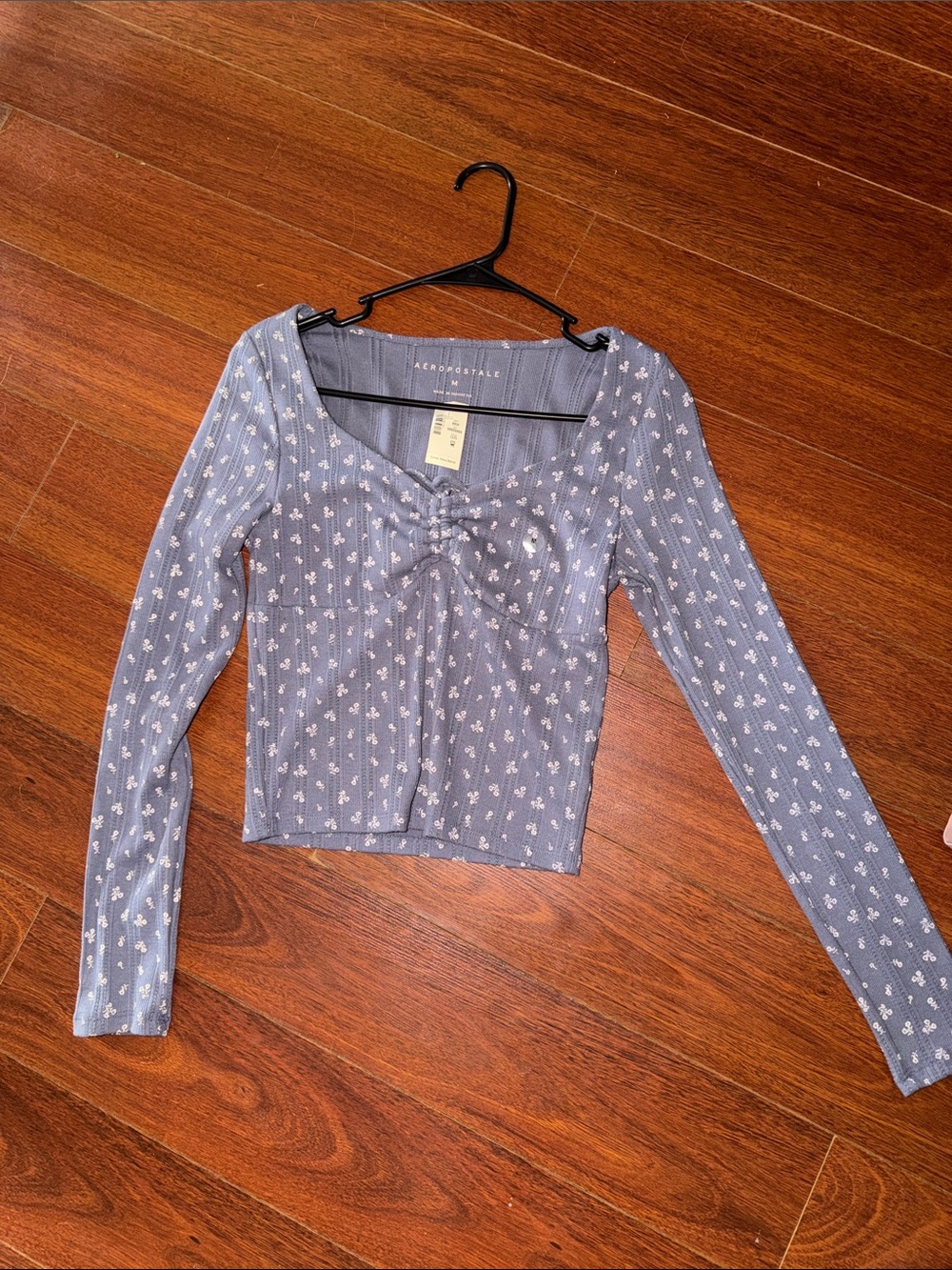Aeropostale Light Blue Floral Ribbed Long-Sleeve Tie-Front Top
